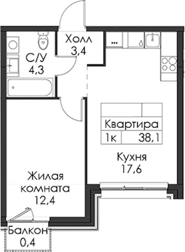 1-комнатная квартира 38.1 м², 11/12 эт., ЖК «Шкиперский 19»